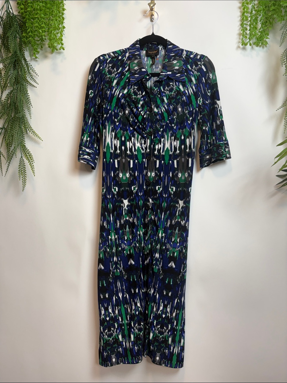 Laundry By Shelli Segal Navy and Green Printed Midi Dress